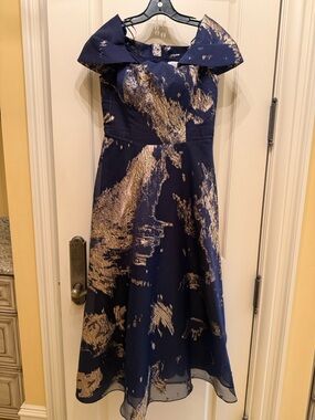 Teri Jon Navy Dress with Gold Brushstroke Detail